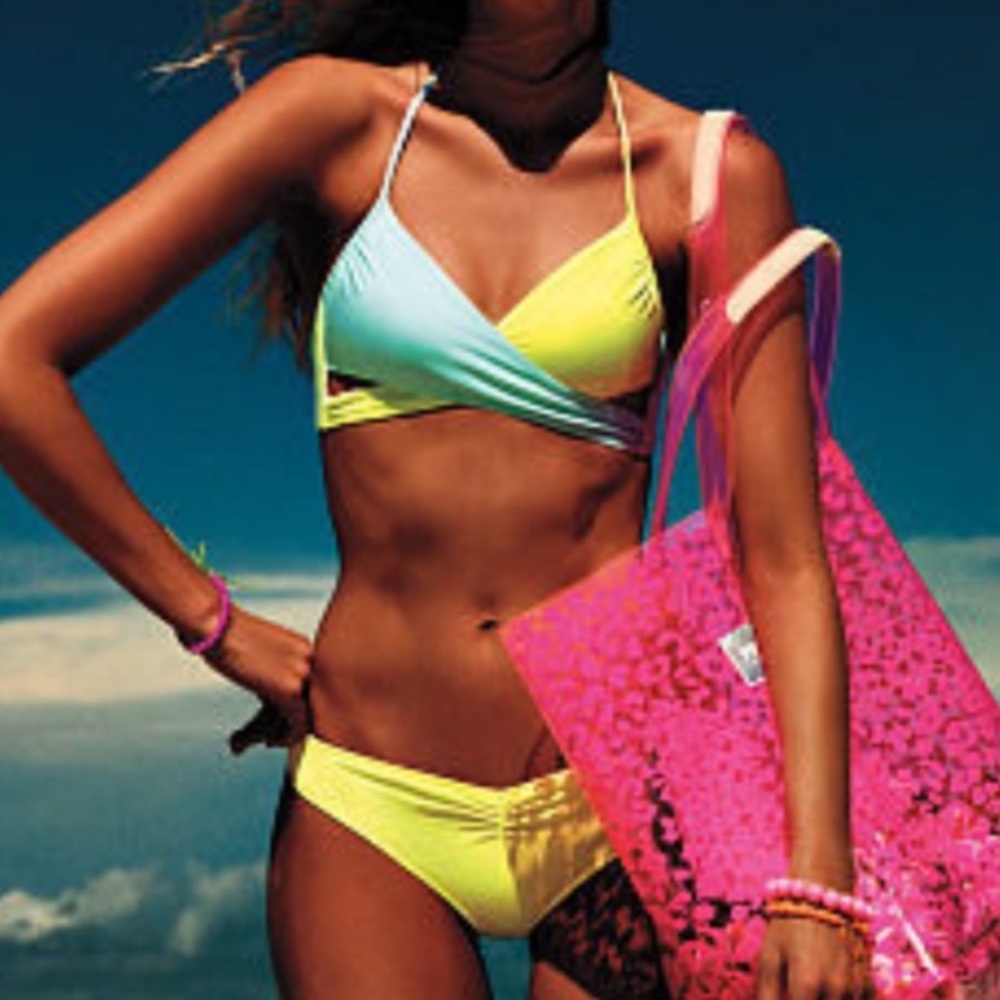 Pink & Orange Two Tone Criss Cross Halter Swim Top